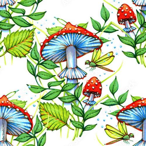 Seamless pattern with fairy tale forest fly agaric, forest plants, mushrooms and dragonfly. Seamless pattern with forest illustrations for nursery decor, fabrics, textiles, etc.