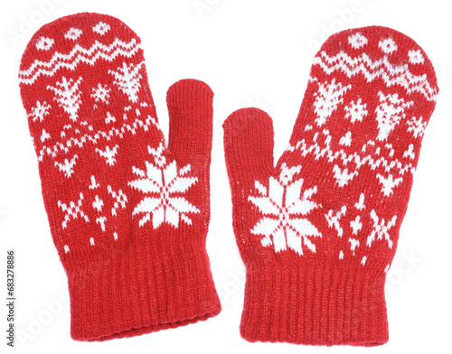 Red wool mittens Christmas winter gloves isolated on white background.