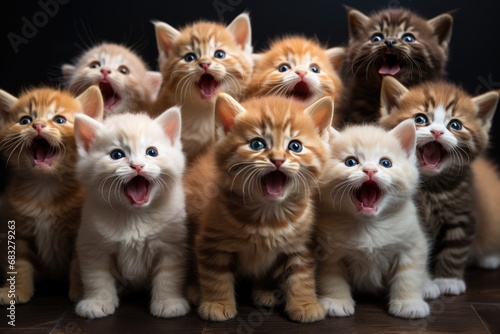 Many cats sit in a row in front, a group of kittens photo