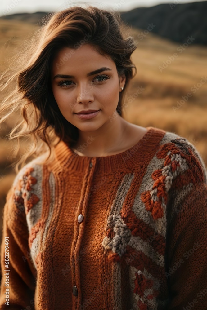 Portrait of a woman in the cold season winter-autumn in a warm wool sweater. Knitted things made of wool Portrait of a woman in the cold season winter-autumn in a warm wool sweater. Knitted things made of wool
