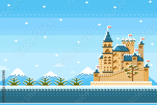 Castle of knight on winter nature background in game pixel style.