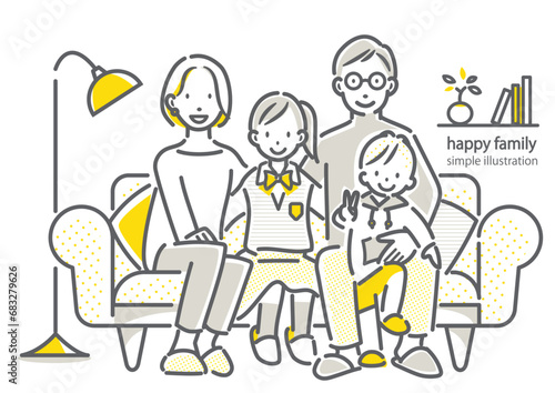 ソファに座る四人家族 シンプルでお洒落な線画イラスト