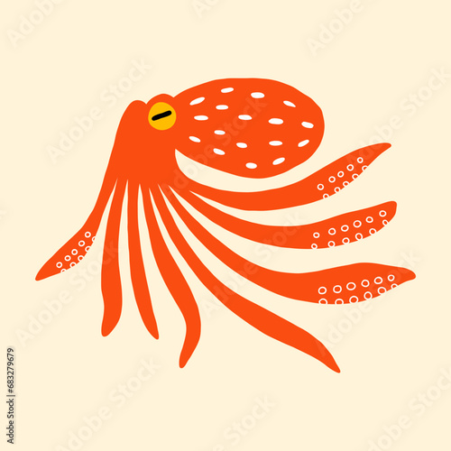 Cute flat hand drawn octopus. Funny underwater or aquarium cartoon quirky marine character. Tropical reef graphic clipart.