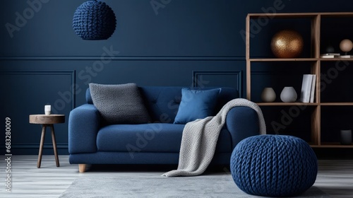 Two knitted poufs near dark blue corner sofa. Scandinavian home interior design of modern living room photo
