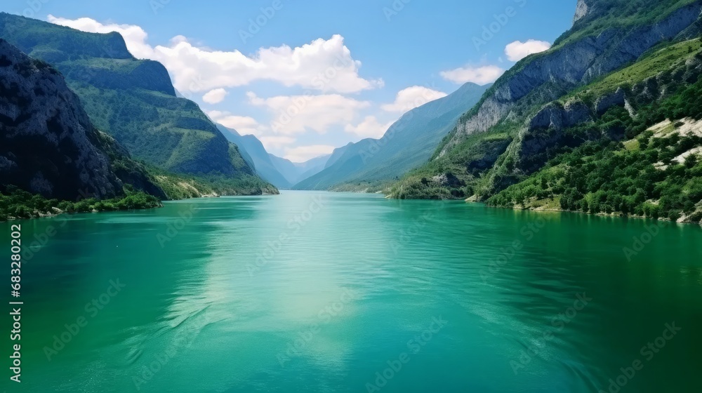 Emerald water of Piva lake. Montenegro. Nature travel background