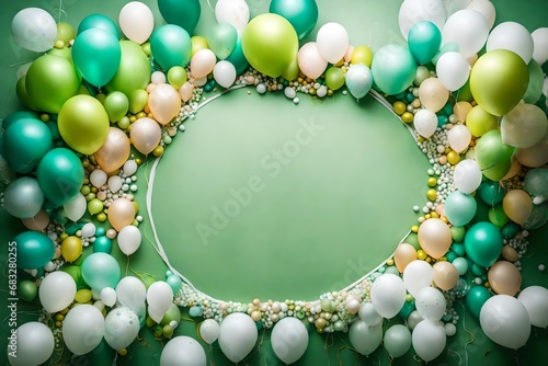  A Symphony of Celebration Unveiled in the Lush Greens of Joy, Where Whimsical Balloons in Shades of Green and White Converge, Their Abstract Dance Creating a Harmonious Contrast Against a Backdrop of