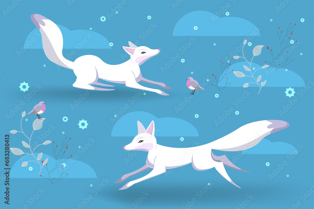 Cute White Foxes Play on Clearing in Winter, Red berries and Birds. Snowflakes and mounds. Vector illustration great for backgrounds, prints and textiles on winter themes. Cute White Foxes Play on Clearing in Winter, Red berries and Birds. Snowflakes and mounds. Vector illustration great for backgrounds, prints and textiles on winter themes.