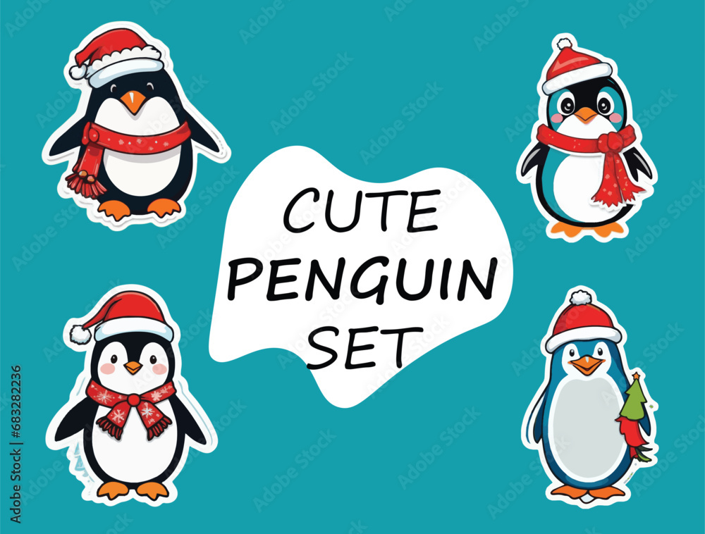 Cute penguin set vector stickers, use in christmas flyers, greetinng cards, gift wrapping, Winter Holiday Character, Christmas Character