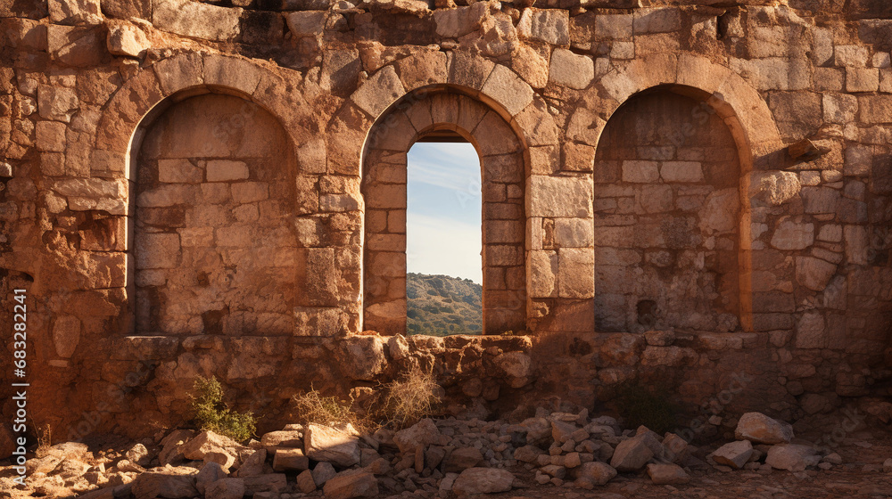 Ancient Cross-Shaped Window in Stone Wall - A Portal to the Past in Rustic Architecture