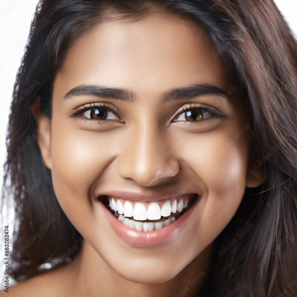 a closeup photo portrait of a beautiful young asian indian model woman smiling with clean teeth. used for a dental ad. isolated on white background. Generative AI a closeup photo portrait of a beautiful young asian indian model woman smiling with clean teeth. used for a dental ad. isolated on white background. Generative AI