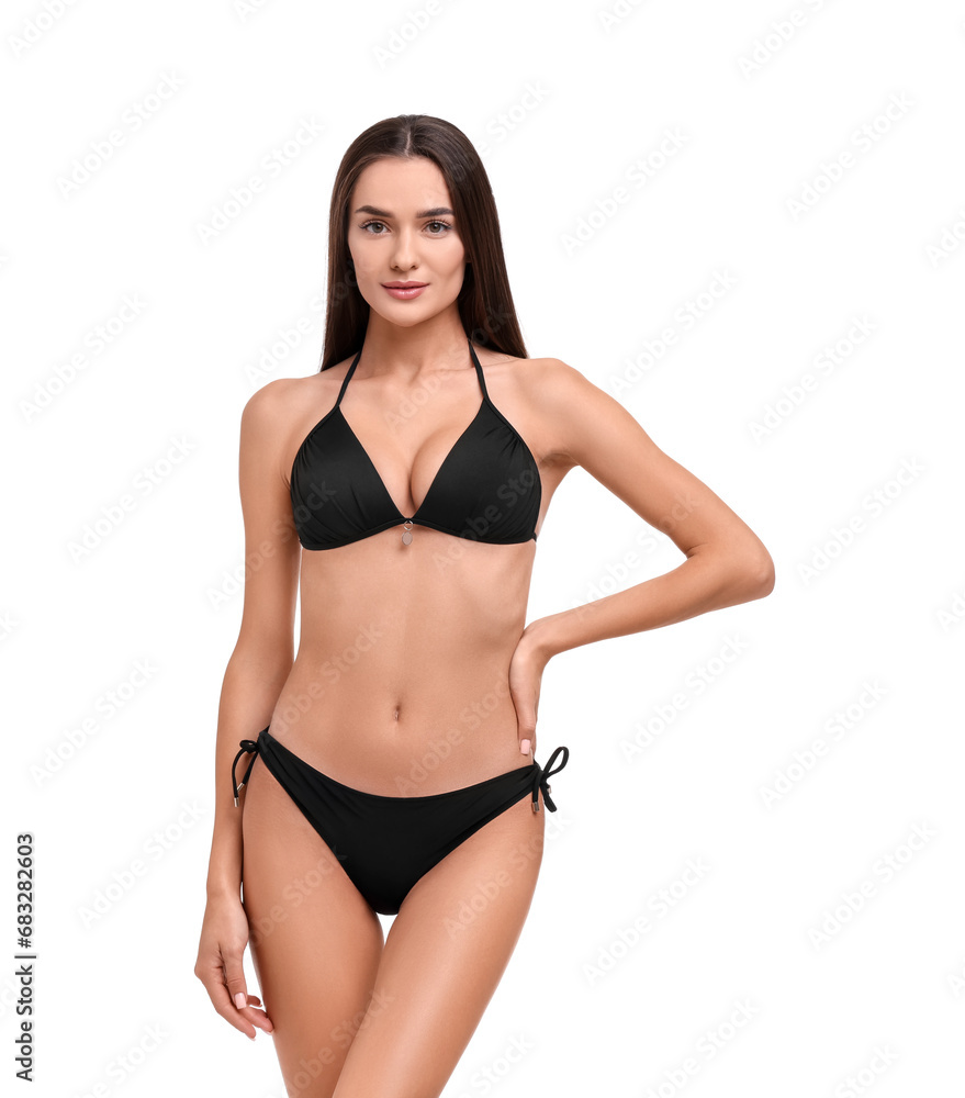 Young woman in stylish bikini isolated on white Young woman in stylish bikini isolated on white