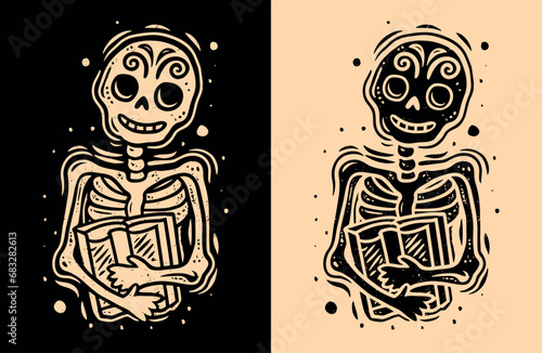 Skeleton reading a book. Cute skeleton holding book vintage distressed hand drawing. Gothic book lovers. Horror stories and banned books reader. Minimalist vector illustration for print products.
