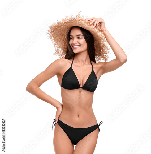 Young woman in stylish bikini and straw hat isolated on white