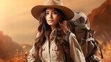 Asian Woman Traveler Backpack Holding Hat, HD, Background Wallpaper, Desktop Wallpaper