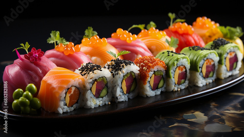 Artistic Display of Colorful Sushi Rolls: A Culinary Rainbow