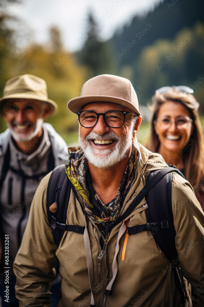 Senior and middle age hikers enjoying in nature.