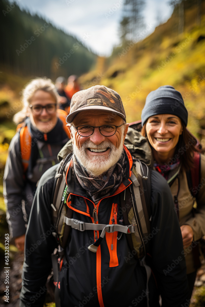 Fototapeta premium Senior and middle age hikers enjoying in nature.