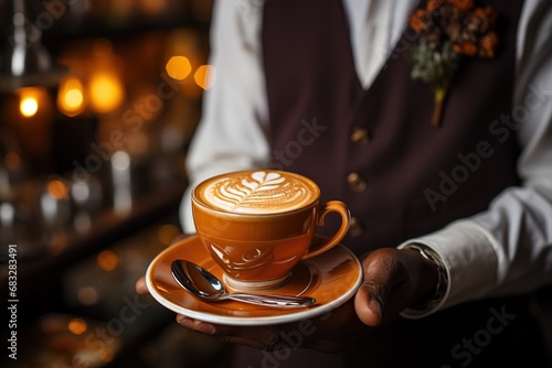 Waiter holding nice coffee in a restaurant.