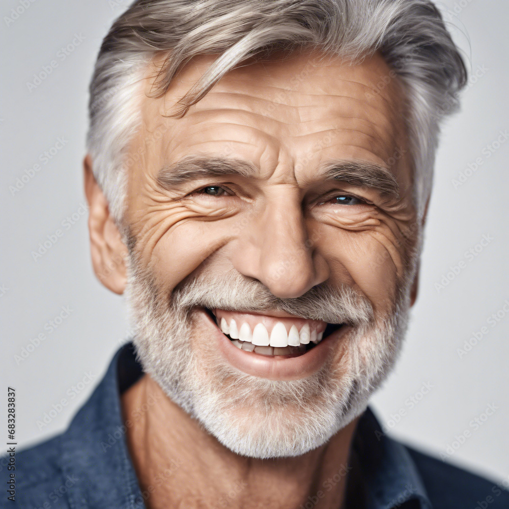 a closeup photo portrait of a handsome old mature man smiling with clean teeth. for a dental ad. guy with fresh stylish hair and beard with strong jawline. isolated on white background. Generative AI a closeup photo portrait of a handsome old mature man smiling with clean teeth. for a dental ad. guy with fresh stylish hair and beard with strong jawline. isolated on white background. Generative AI