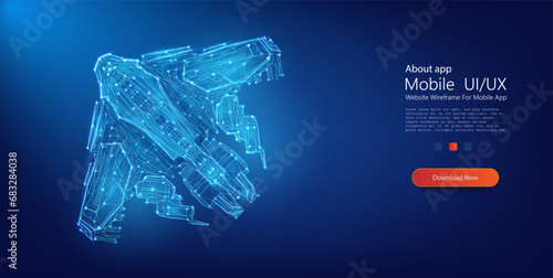 Advanced 3D Wireframe Blueprint of a Combat Aircraft on a Deep Blue Background for Military Concept Design. Vector illustration