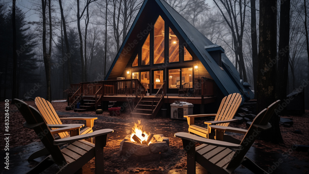 A photo of a frame cabin located at the foot of a winter mountain, a bonfire lit in front of it, and comfortable chairs.
