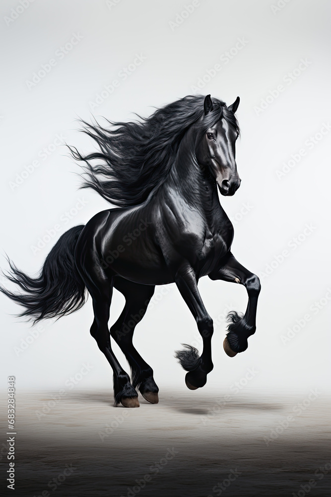 black horse on white background, black horse prancing 