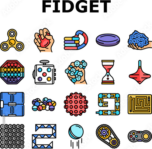 fidget toy fun antistress game icons set vector. pop it, stress silicone, bubble game, kid trendy, children, colorful finger, push fidget toy fun antistress game color line illustrations
