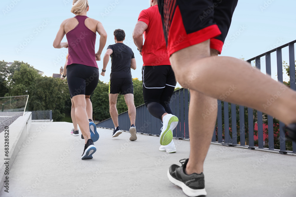 Fototapeta premium Group of people running outdoors, back view