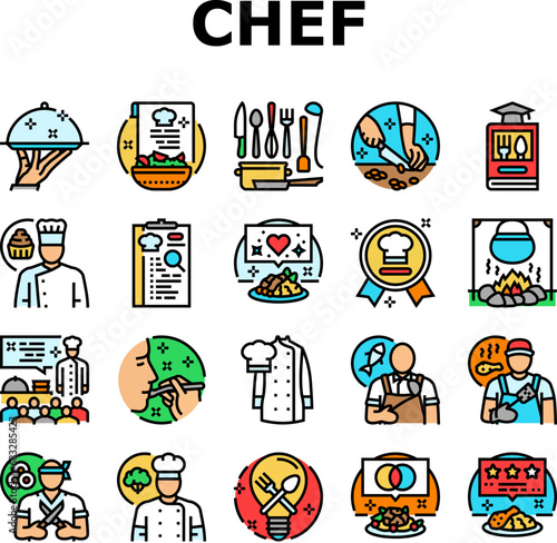 restaurant chef cooking food icons set vector. kitchen cook, man uniform, hotel professional, dish commercial, male gourmet restaurant chef cooking food color line illustrations