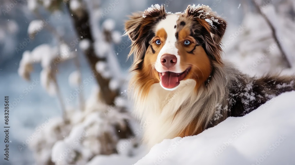 Winter Canine Bliss: Stock photos showcase an Australian Shepherd's snowy play in nature. Winter Canine Bliss: Stock photos showcase an Australian Shepherd's snowy play in nature.
