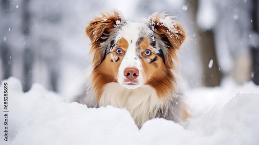 Winter Canine Bliss: Stock photos showcase an Australian Shepherd's snowy play in nature. Winter Canine Bliss: Stock photos showcase an Australian Shepherd's snowy play in nature.
