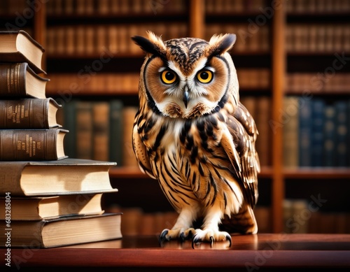 Closeup photo of a wise owl standing on a table against the background of old library with book shelves