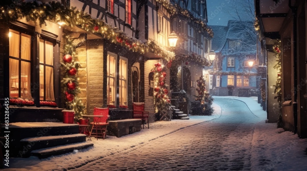 Old Town Christmas Glow: Stock images capture a charming street on Christmas night in an old European town