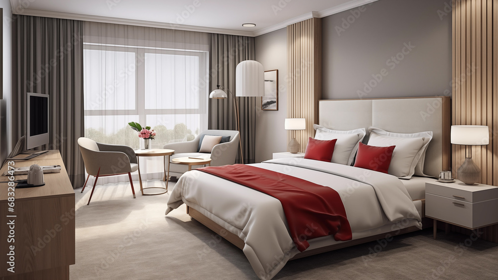A photo of a motel in a travel destination with an inexpensive but clean interior decorated with white wallpaper and red accents. A photo of a motel in a travel destination with an inexpensive but clean interior decorated with white wallpaper and red accents.