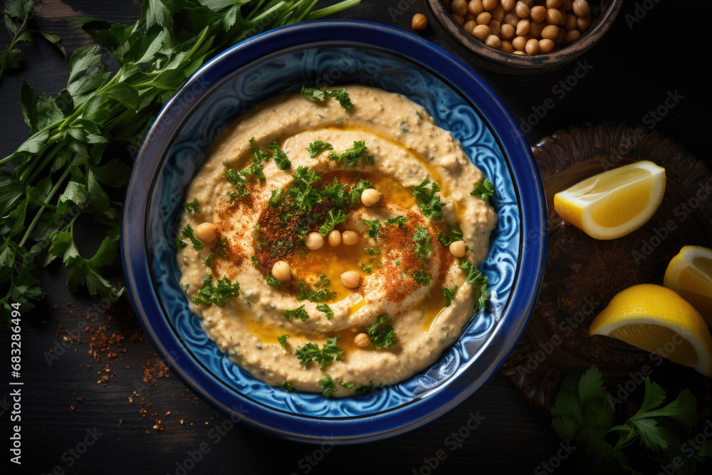 Homemade hummus dip in a rustic ceramic bow. Homemade hummus dip in a rustic ceramic bow.