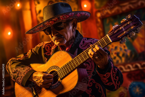 Mexican music. Cinco de Mayo. A Mexican man plays the guitar.
