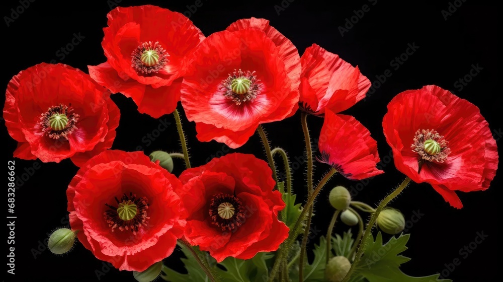 Obraz premium Poppy Bloom Delight: Stock photos showcase isolated poppy flowers and buds in vibrant red hues.