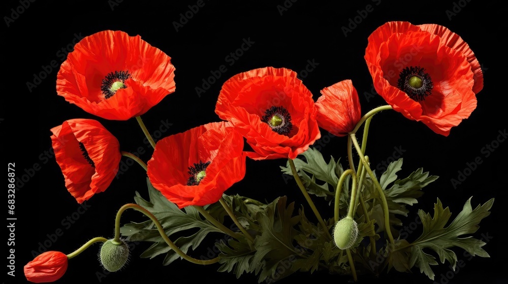 Obraz premium Poppy Bloom Delight: Stock photos showcase isolated poppy flowers and buds in vibrant red hues.