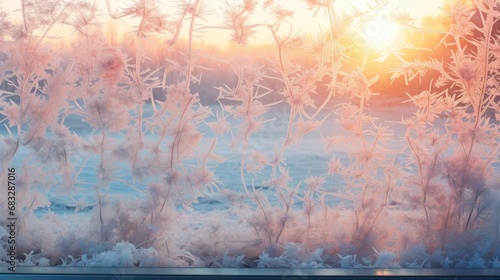 Beautiful frosty winter pattern on glass window with blurred background landscape behind