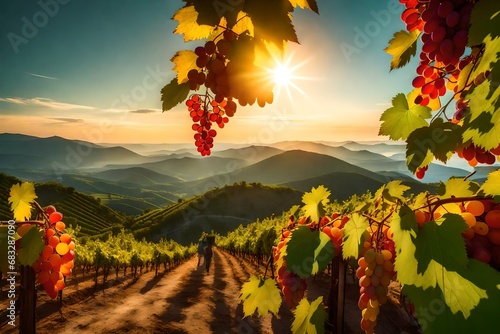 A Majestic Tapestry Unfolding Atop Mountain Heights, Where Luscious Grapes Bask in Radiant Sunlight, Their Verdant Vines a Symphony of Nature's Bounty, Each Grape Capturing the Essence of Solar Elevat