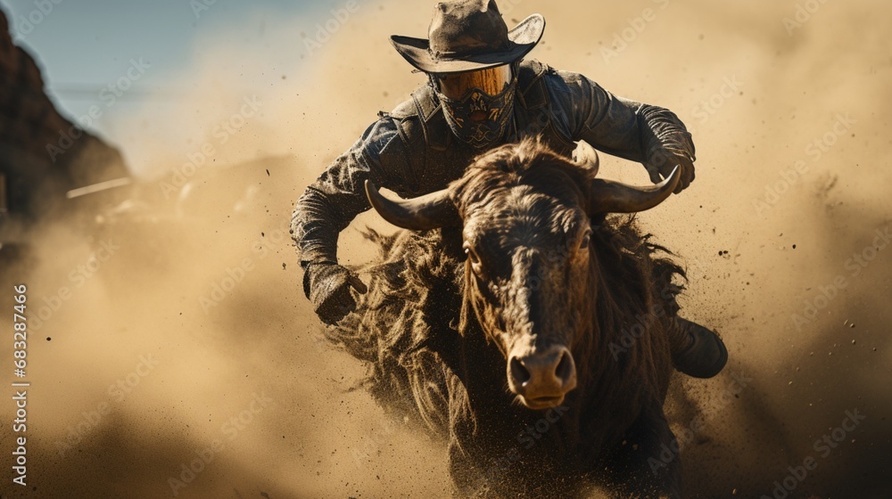 A cowboy's incredible display of courage as he tames a wild bull A cowboy's incredible display of courage as he tames a wild bull