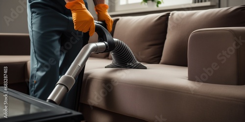 person with vacuum cleaner cleaning sofa