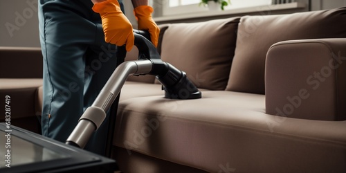person with vacuum cleaner cleaning sofa photo