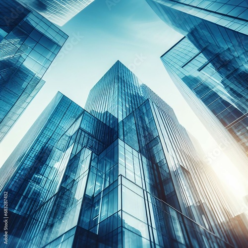 Modern office building with blue sky  and glass facades. Economy  finances  business activity concept  Bottom-up view  blurred image