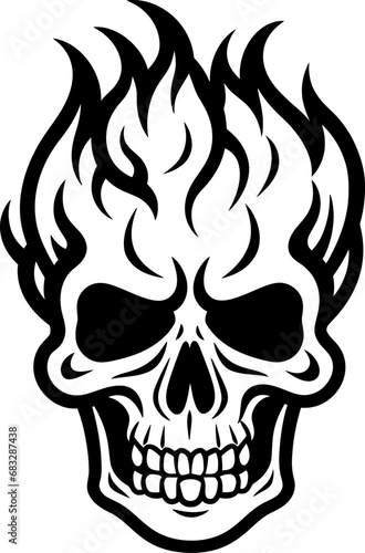 Burning skull head silhouette in black color. Vector template for tattoo or laser cutting.