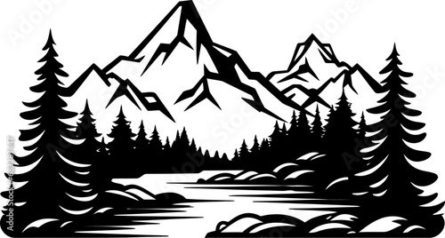 Mountain and trees landscape silhouette in black color. Vector template.