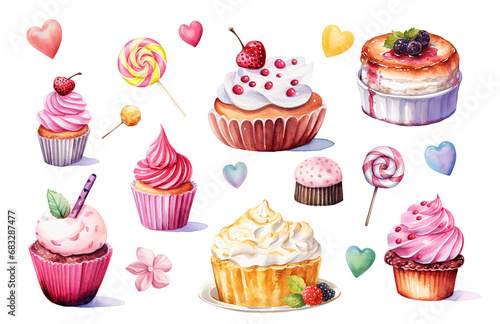 Hand drawn watercolor pink cupcake design  wallpaper  wrapping paper  sweets  gift boxes. Elements isolated on white background.