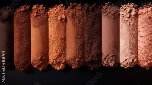 Variety pallet of broken makeup powder and blusher, on black background. Sample cosmetics concept. Generative AI photo