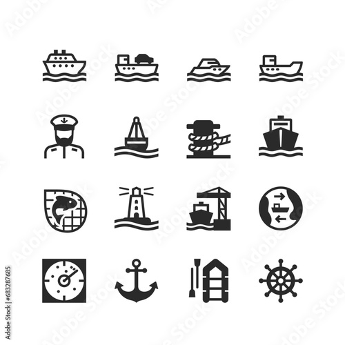 Seaport icons set. Port for ships, maritime industry, seafaring. Boat, passenger liner, crossing, yacht, cargo ship. Black and white style