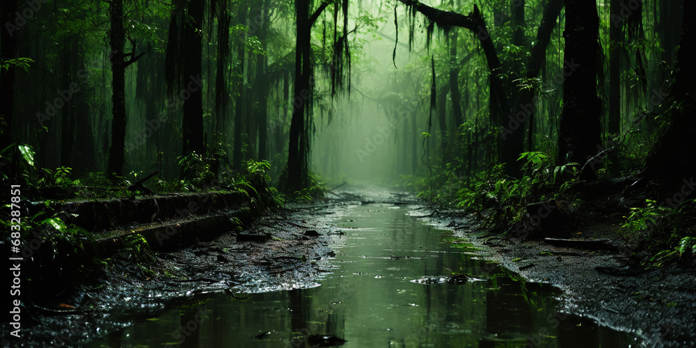 Obraz premium Swamp forest with a light mist. Quagmire in the spring green forest. Generative AI